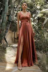 The Caroline Satin A-line Gown with Leg Slit
