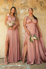 The Caroline Satin A-line Gown with Leg Slit