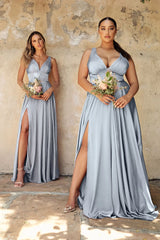 The Caroline Satin A-line Gown with Leg Slit