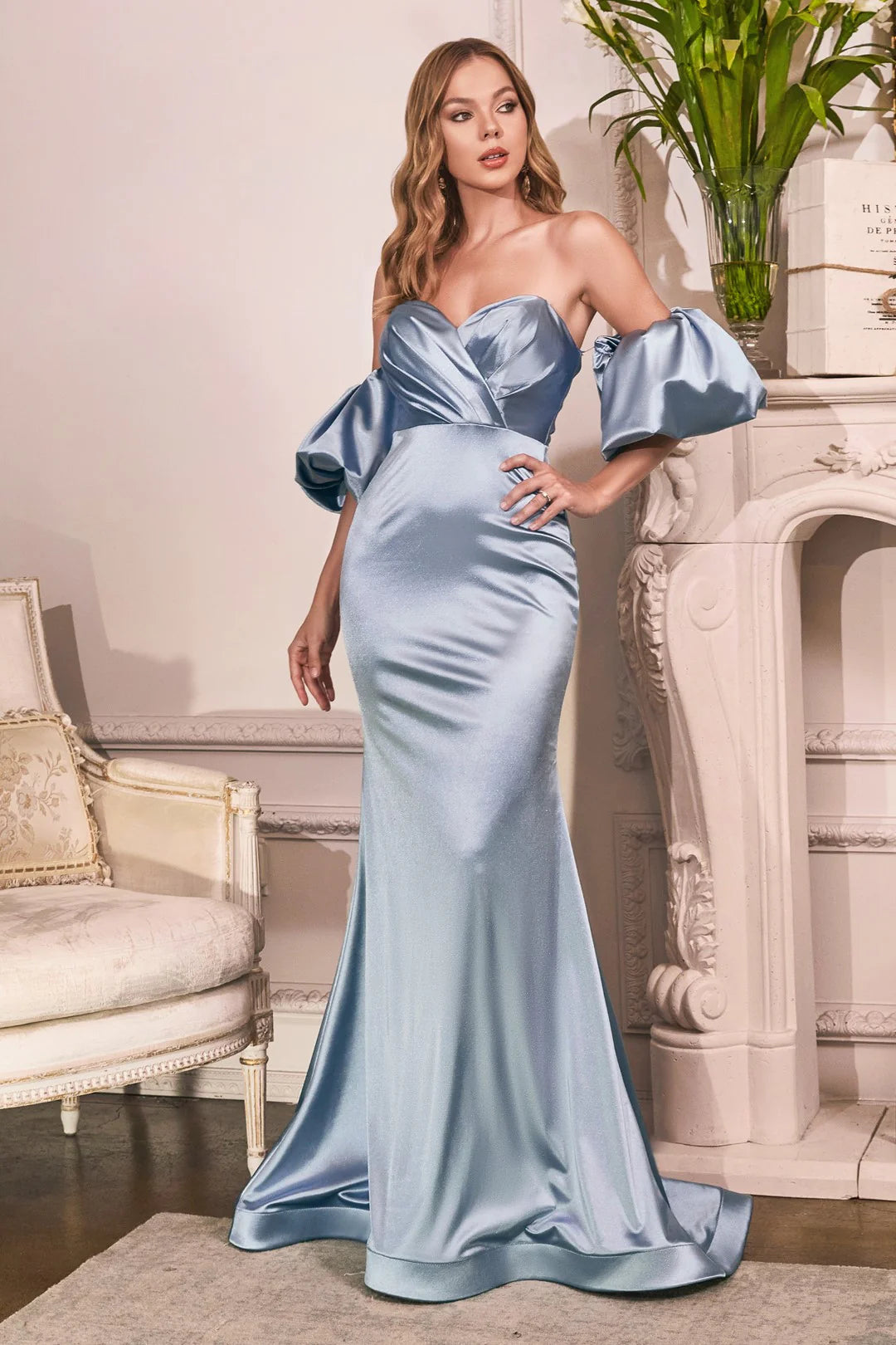 The Donita Fitted Puff Sleeve Satin Gown