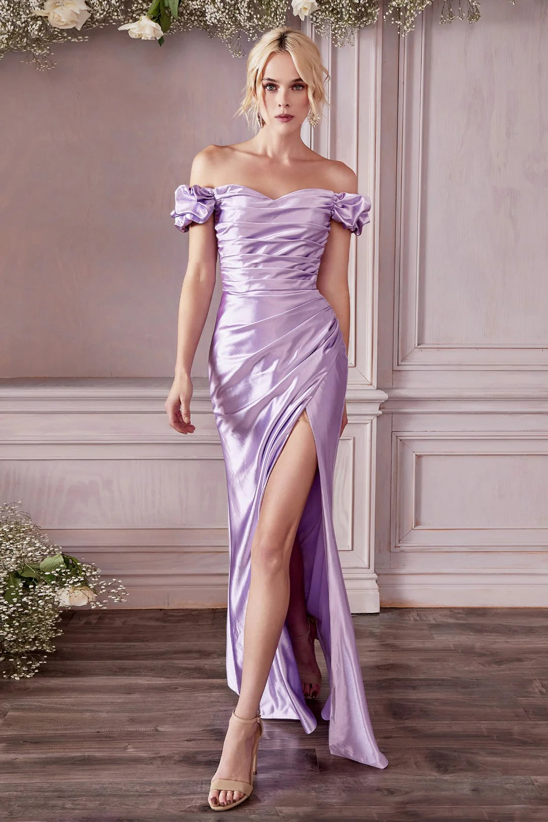 The Saba Off Shoulder Shiny Satin Gown