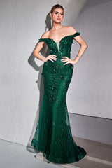 The Natalia Fitted 3D Floral Off Shoulder Gown