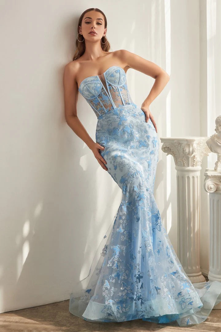 The Scarlett Butterfly Print Strapless Mermaid Gown